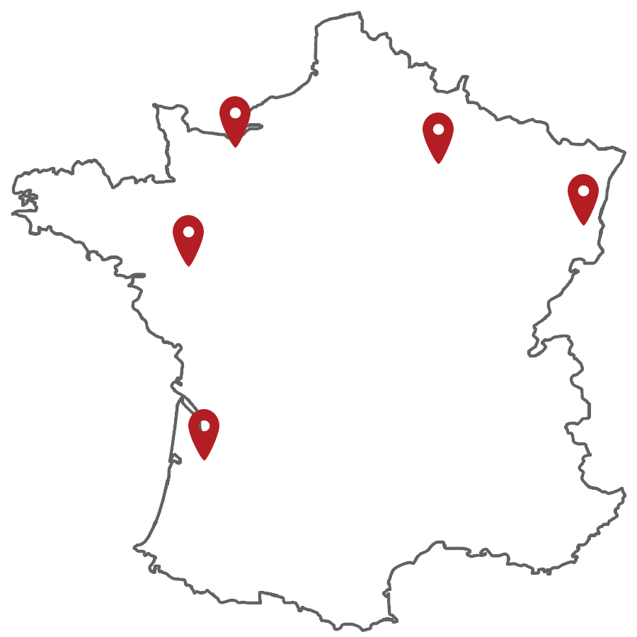 carte_france_Caen La carte de l'implantation des différentes courses Zomb'in The Dark en 2026 : Reims, Neuf-Brisach, Bordeaux, Nantes et Caen.