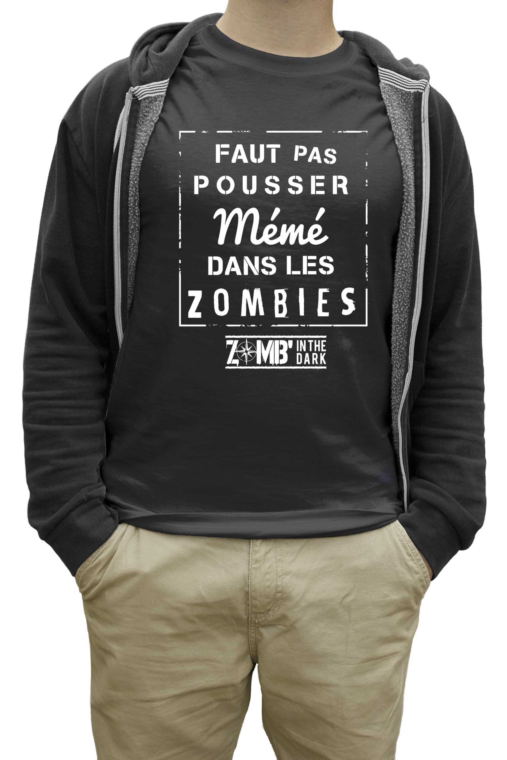 Le T-shirt Zomb'in The dark 2025, "Faut pas pousser Mémé dans les zombies"