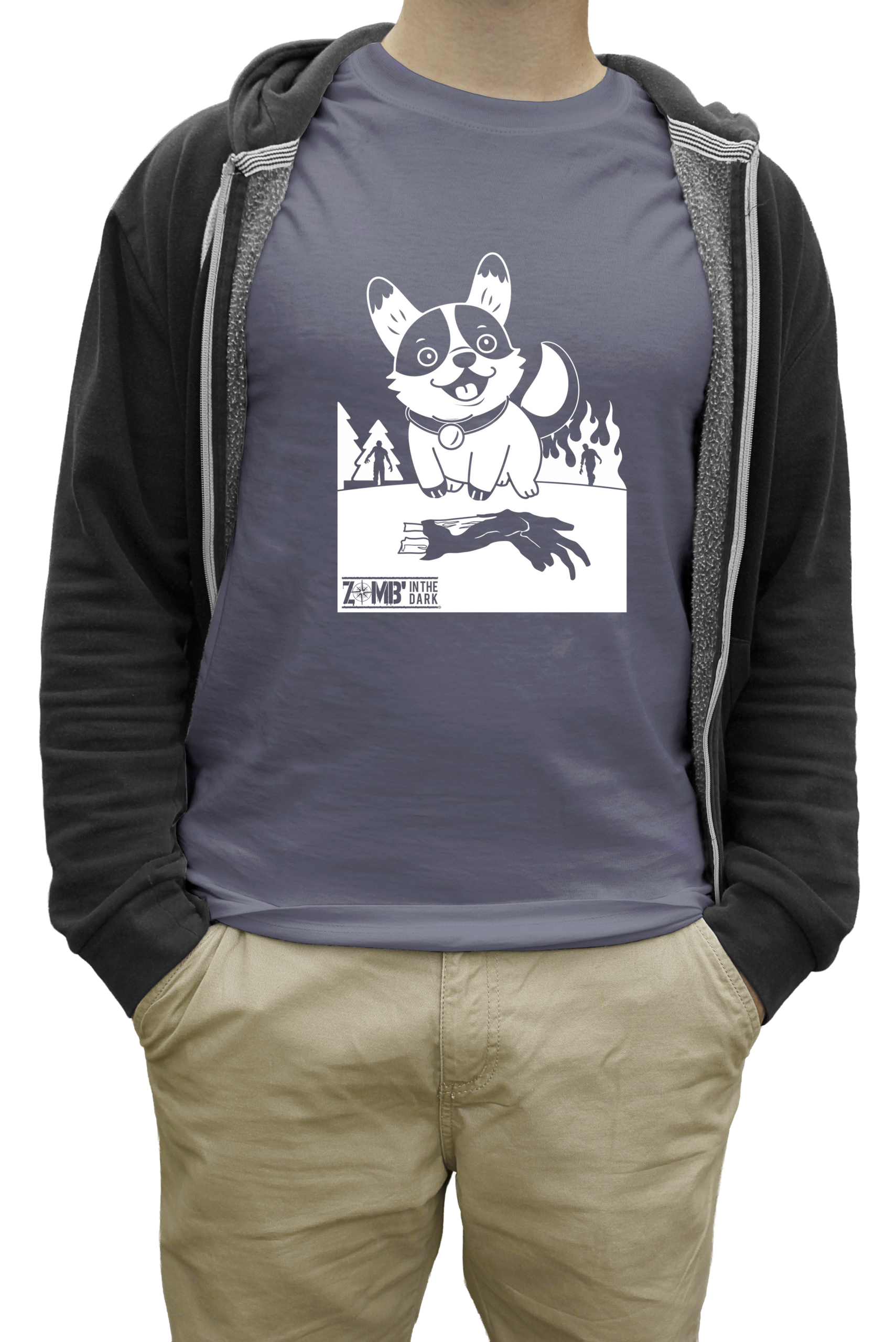 Le T-shirt Zomb'in The Dark 2026, avec un corgi sur fond d'apocalypse - couleur bleue