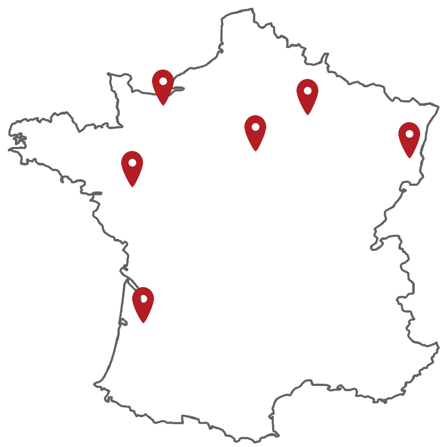 Une carte de France où apparaissent les 6 régions touchées par Zomb'in The Dark, la course zombie : Reims, l'Alsace, Bordeaux, Nantes, Caen et Nemours, au sud de Paris